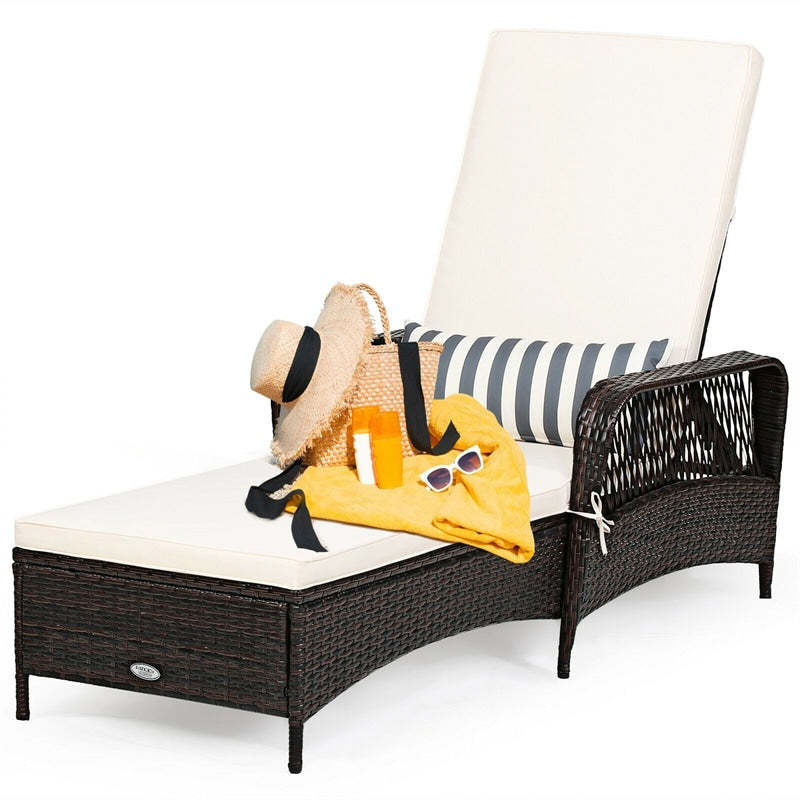 Rattan Outdoor Chaise Lounge Chair w/ 6-Gear Adjustable Backrest, Cushions, Removable Pillow, Patio Recliner for Poolside, Backyard Balcony