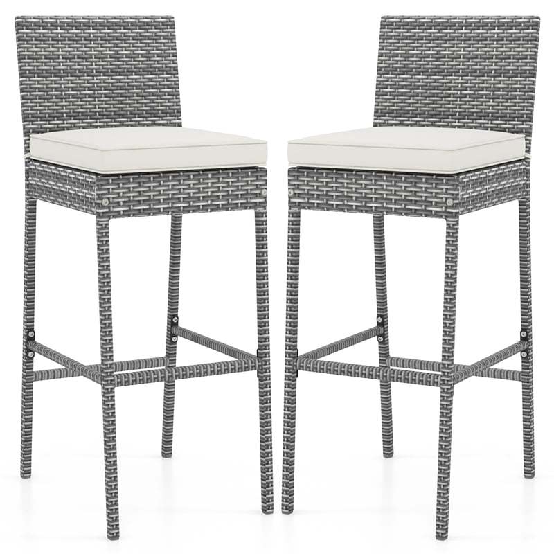 Wicker Outdoor Bar Stools Set of 2, Heavy-Duty Metal Frame Bar Height Patio Chairs with Soft Seat Cushions & Footrests