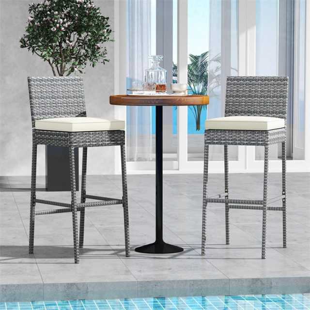 Wicker Outdoor Bar Stools Set of 2, Heavy-Duty Metal Frame Bar Height Patio Chairs with Soft Seat Cushions & Footrests