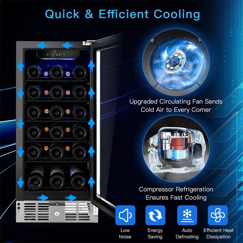 30 Bottle Wine Cooler Refrigerator, 15" Built-in Freestanding Wine Fridge with Glass Door, Removable Shelves, Stainless Steel Wine Cellar for Home Bar