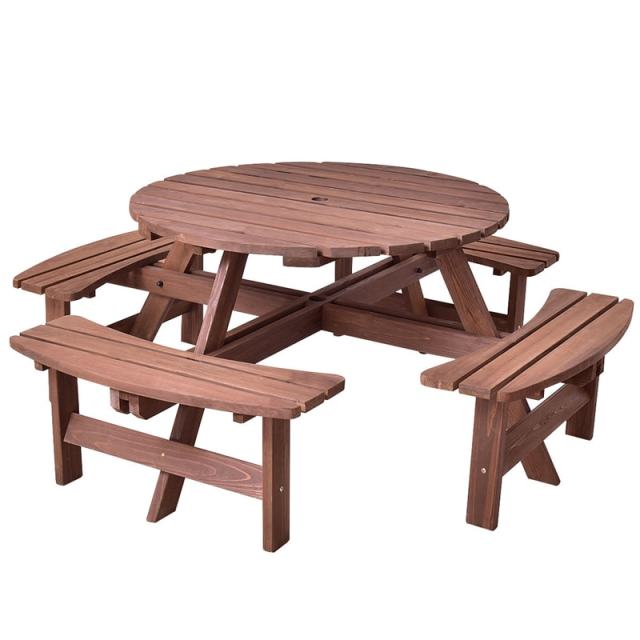 8-Person Round Wood Picnic Table with 4 Built-in Benches & Umbrella Hole, 2000lbs Capacity Outdoor Dining Table & Bench for Patio, Garden, Backyard
