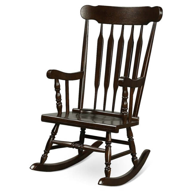 Solid Rubber Wood Patio Rocking Chair, Outdoor Porch Rocker with Slat Back & Glossy Finish for Garden, Backyard, Indoor Use