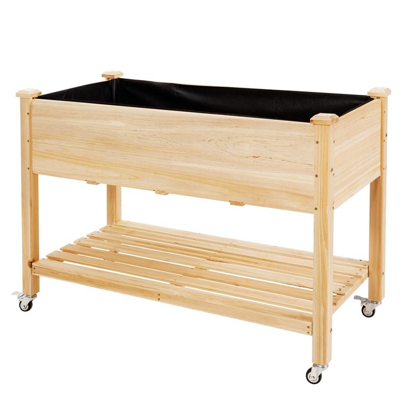 Elevated Wooden Garden Bed on Wheels, Raised Planter Box with Legs, Liner, Storage Shelf & Drainage Holes for Vegetables Flowers Herbs, Backyard Patio