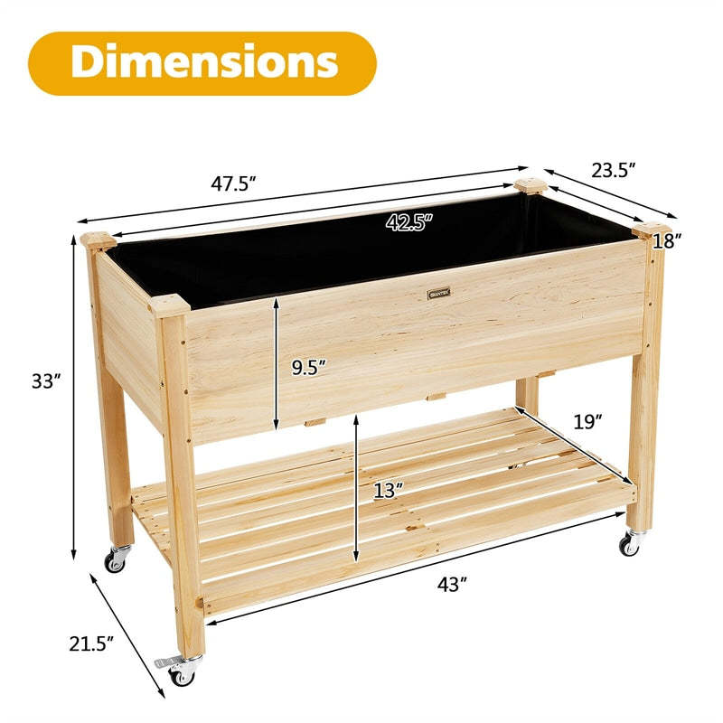Elevated Wooden Garden Bed on Wheels, Raised Planter Box with Legs, Liner, Storage Shelf & Drainage Holes for Vegetables Flowers Herbs, Backyard Patio