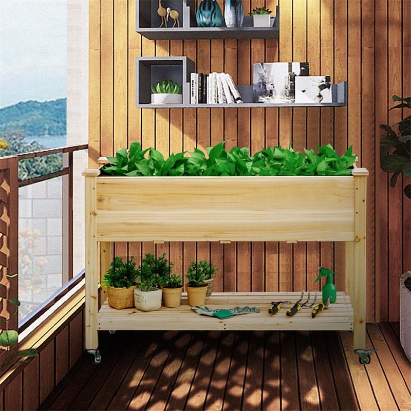 Elevated Wooden Garden Bed on Wheels, Raised Planter Box with Legs, Liner, Storage Shelf & Drainage Holes for Vegetables Flowers Herbs, Backyard Patio