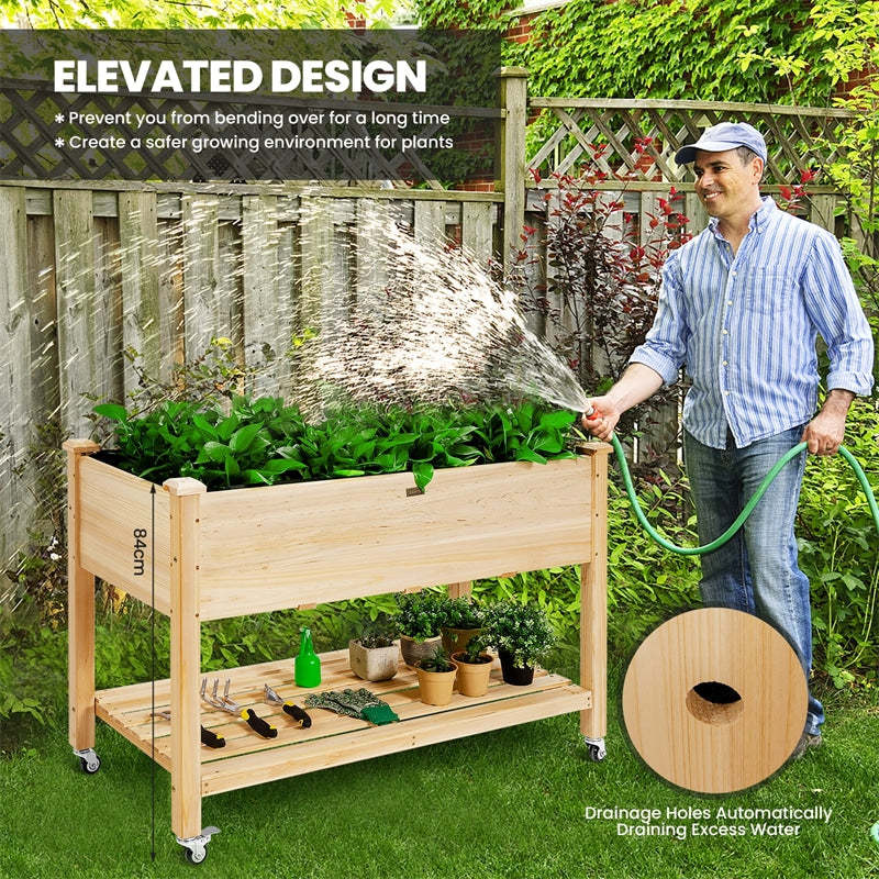 Elevated Wooden Garden Bed on Wheels, Raised Planter Box with Legs, Liner, Storage Shelf & Drainage Holes for Vegetables Flowers Herbs, Backyard Patio