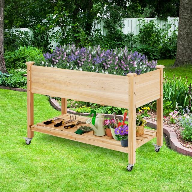 Elevated Wooden Garden Bed on Wheels, Raised Planter Box with Legs, Liner, Storage Shelf & Drainage Holes for Vegetables Flowers Herbs, Backyard Patio