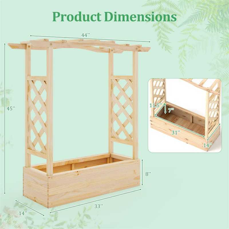 44" Wood Raised Garden Bed with Trellis, Hanging Roof & Drainage System, Freestanding Elevated Garden Planter for Flowers, Herbs, Climbing Vines