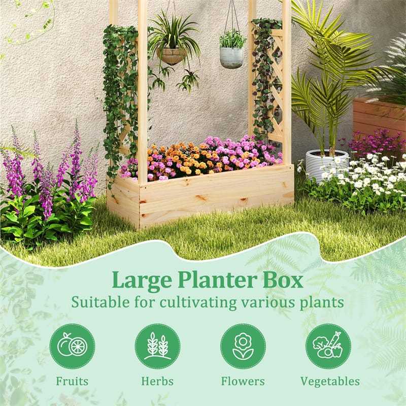 44" Wood Raised Garden Bed with Trellis, Hanging Roof & Drainage System, Freestanding Elevated Garden Planter for Flowers, Herbs, Climbing Vines
