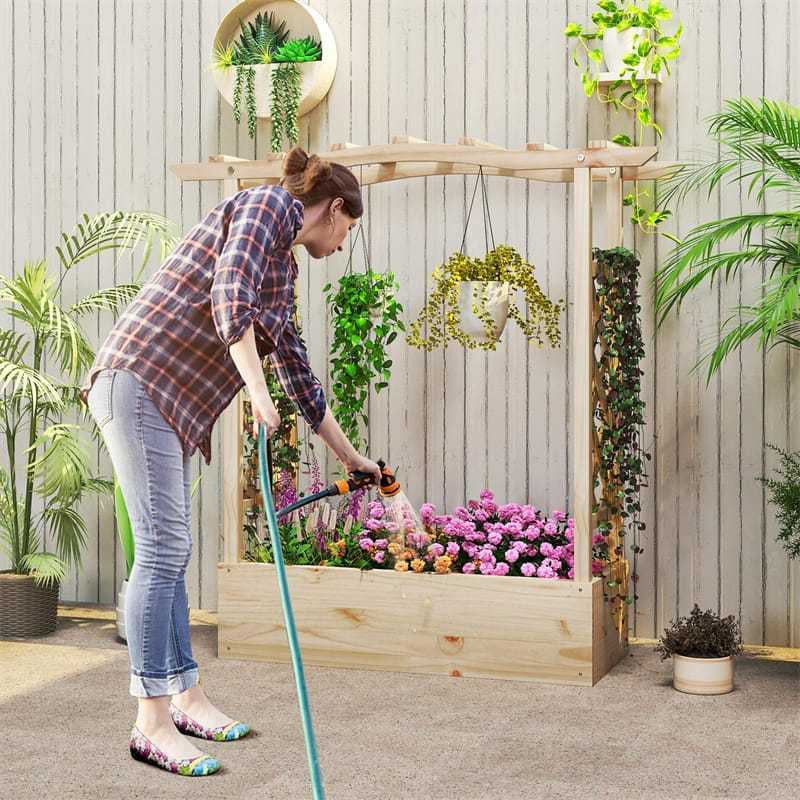 44" Wood Raised Garden Bed with Trellis, Hanging Roof & Drainage System, Freestanding Elevated Garden Planter for Flowers, Herbs, Climbing Vines