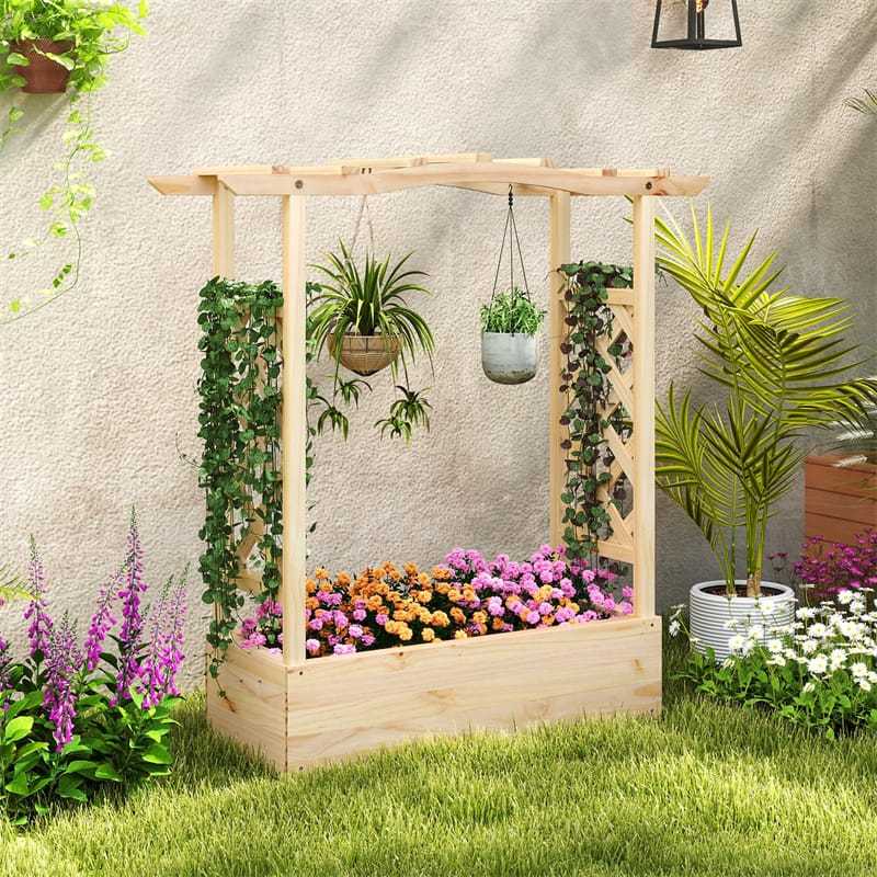 44" Wood Raised Garden Bed with Trellis, Hanging Roof & Drainage System, Freestanding Elevated Garden Planter for Flowers, Herbs, Climbing Vines