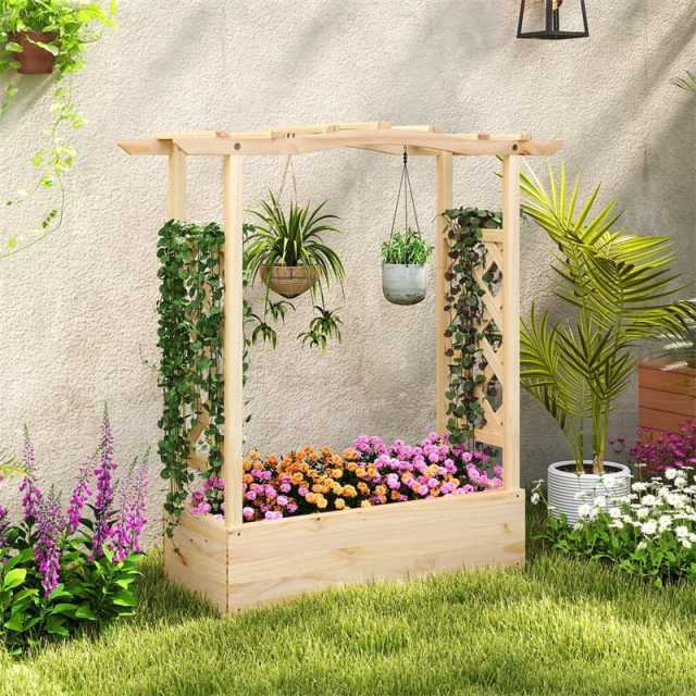 44" Wood Raised Garden Bed with Trellis, Hanging Roof & Drainage System, Freestanding Elevated Garden Planter for Flowers, Herbs, Climbing Vines