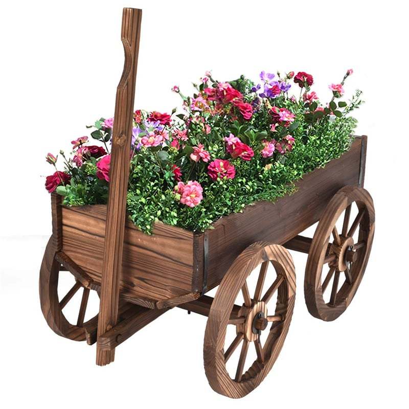Wood Wagon Flower Planter Pot Stand with Wheels & Drainage Holes, Wagon Garden Planter for Plants & Outdoor Home Decor