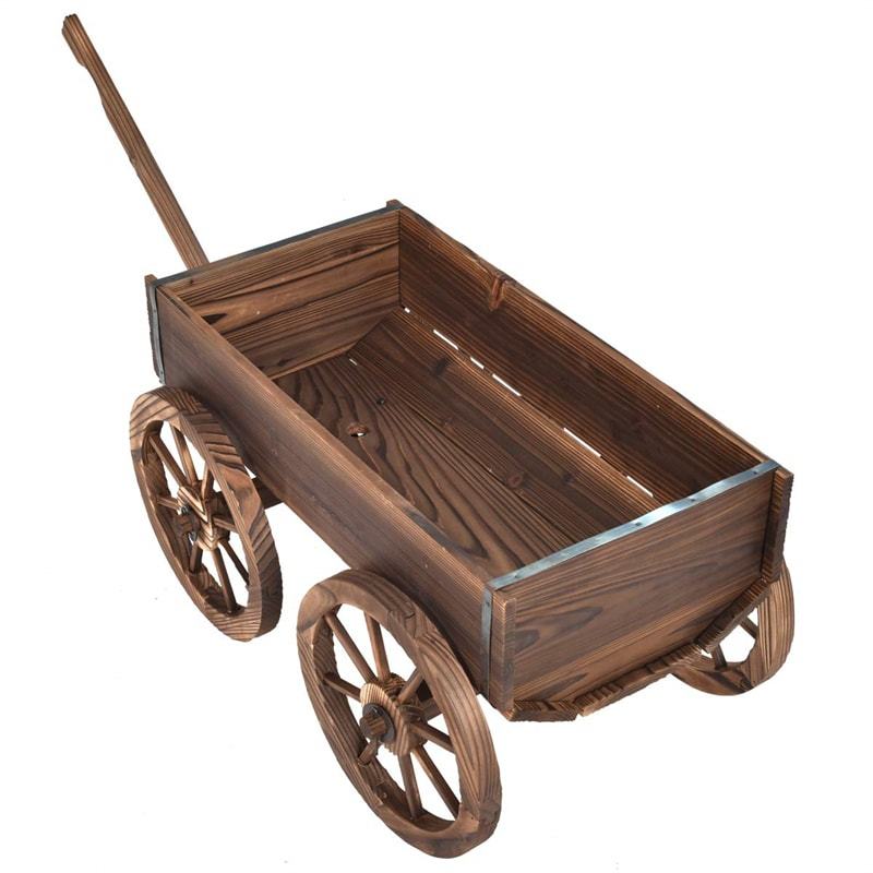 Wood Wagon Flower Planter Pot Stand with Wheels & Drainage Holes, Wagon Garden Planter for Plants & Outdoor Home Decor