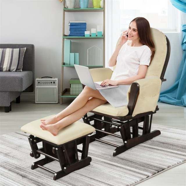 Wood Nursery Glider Chair & Ottoman Set, Upholstered Glider Rocker with Padded Cushion, Storage Pocket, Modern Rocking Chair for Nursery