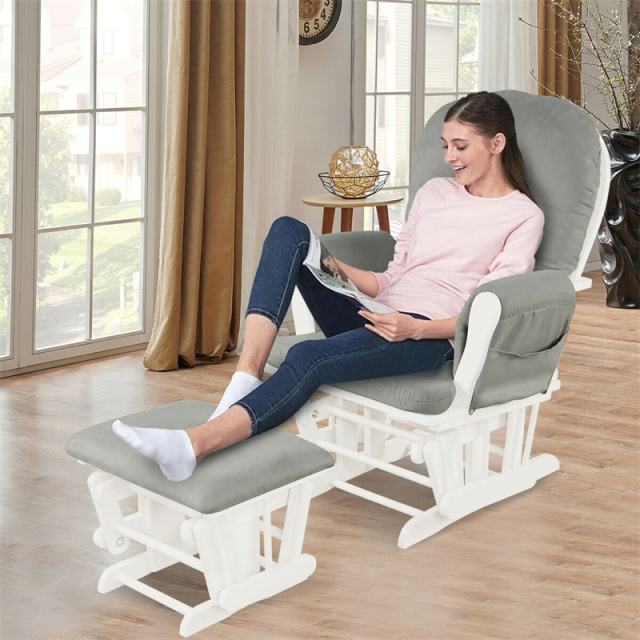 Wood Nursery Glider Chair & Ottoman Set, Upholstered Glider Rocker with Padded Cushion, Storage Pocket, Modern Rocking Chair for Nursery