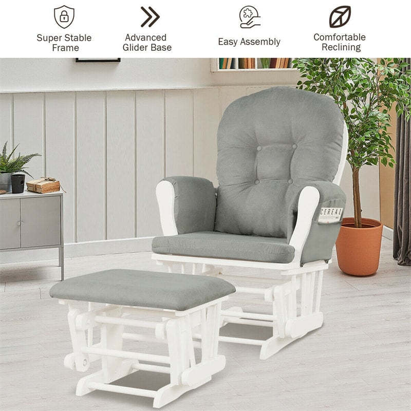 Wood Nursery Glider Chair & Ottoman Set, Upholstered Glider Rocker with Padded Cushion, Storage Pocket, Modern Rocking Chair for Nursery