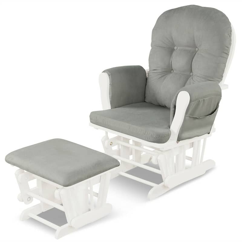 Wood Nursery Glider Chair & Ottoman Set, Upholstered Glider Rocker with Padded Cushion, Storage Pocket, Modern Rocking Chair for Nursery
