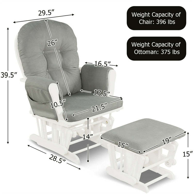 Wood Nursery Glider Chair & Ottoman Set, Upholstered Glider Rocker with Padded Cushion, Storage Pocket, Modern Rocking Chair for Nursery