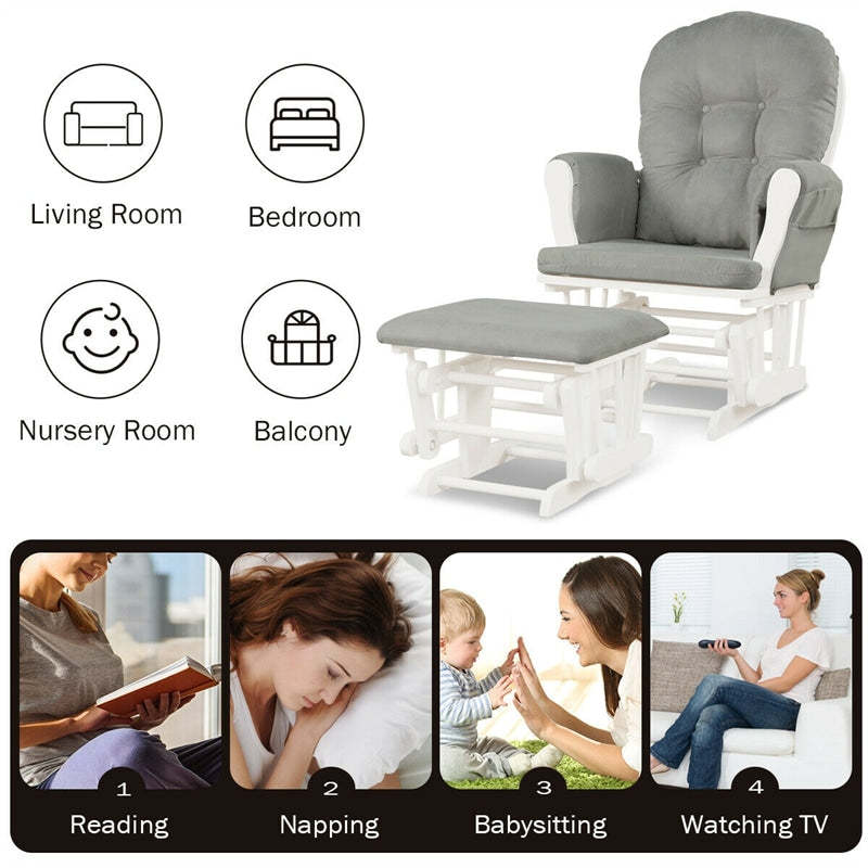 Wood Nursery Glider Chair & Ottoman Set, Upholstered Glider Rocker with Padded Cushion, Storage Pocket, Modern Rocking Chair for Nursery