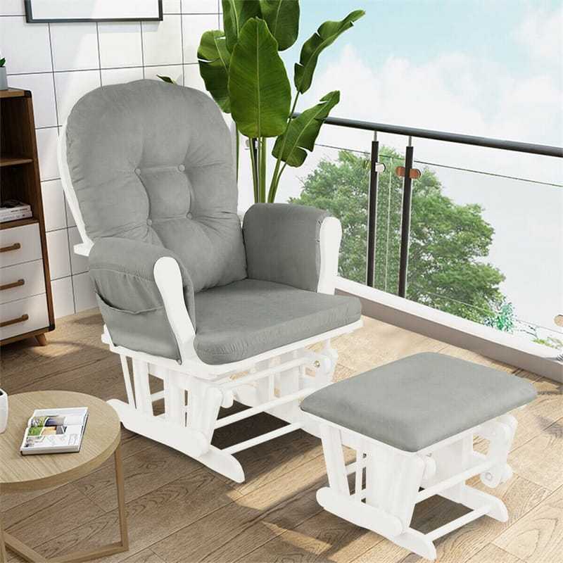 Wood Nursery Glider Chair & Ottoman Set, Upholstered Glider Rocker with Padded Cushion, Storage Pocket, Modern Rocking Chair for Nursery