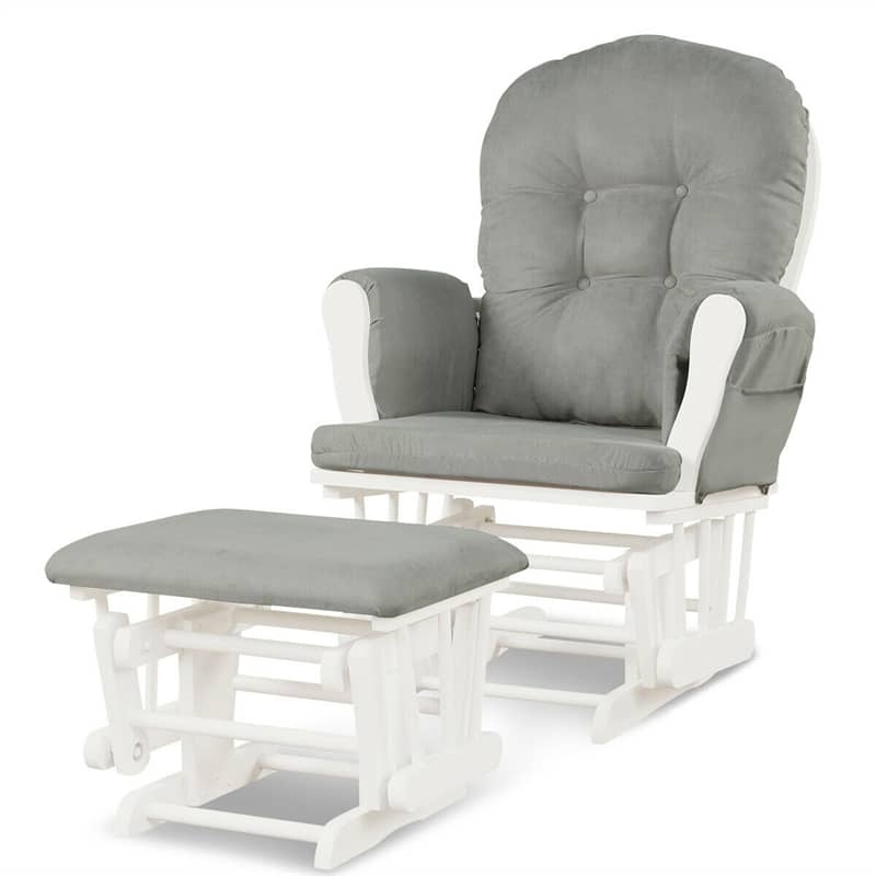 Wood Nursery Glider Chair & Ottoman Set, Upholstered Glider Rocker with Padded Cushion, Storage Pocket, Modern Rocking Chair for Nursery