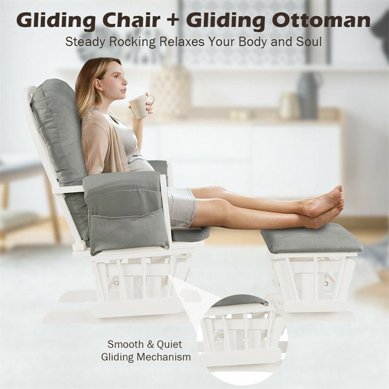 Wood Nursery Glider Chair & Ottoman Set, Upholstered Glider Rocker with Padded Cushion, Storage Pocket, Modern Rocking Chair for Nursery