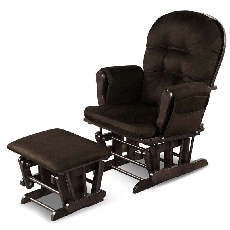 Wood Nursery Glider Chair & Ottoman Set, Upholstered Glider Rocker with Padded Cushion, Storage Pocket, Modern Rocking Chair for Nursery