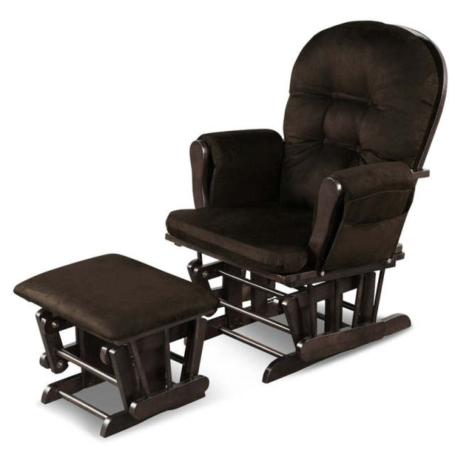 Wood Nursery Glider Chair & Ottoman Set, Upholstered Glider Rocker with Padded Cushion, Storage Pocket, Modern Rocking Chair for Nursery