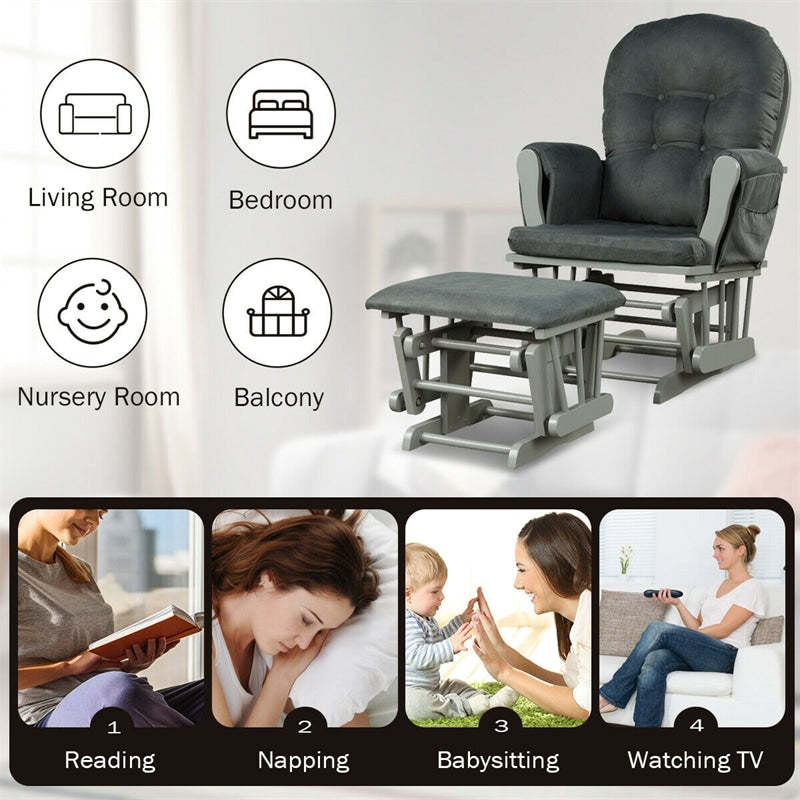 Wood Nursery Glider Chair & Ottoman Set, Upholstered Glider Rocker with Padded Cushion, Storage Pocket, Modern Rocking Chair for Nursery