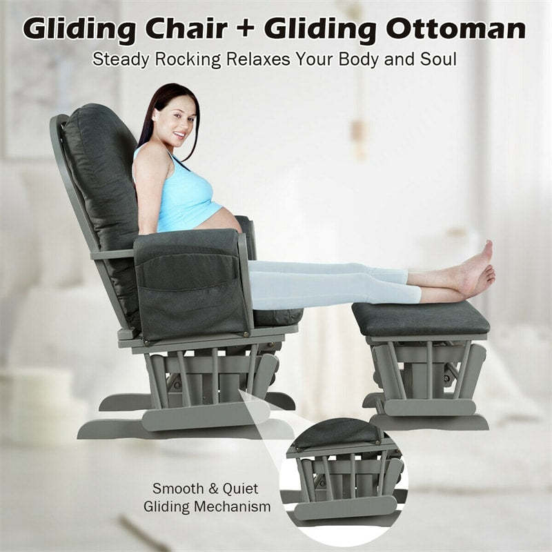 Wood Nursery Glider Chair & Ottoman Set, Upholstered Glider Rocker with Padded Cushion, Storage Pocket, Modern Rocking Chair for Nursery