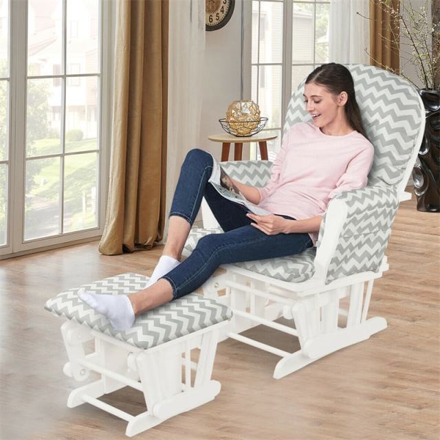 Wood Nursery Glider Chair & Ottoman Set, Upholstered Glider Rocker with Padded Cushion, Storage Pocket, Modern Rocking Chair for Nursery