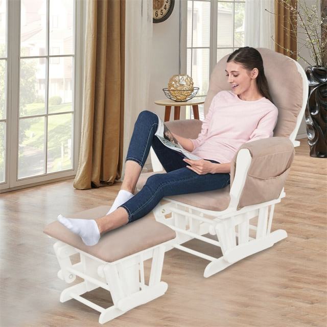 Wood Nursery Glider Chair & Ottoman Set, Upholstered Glider Rocker with Padded Cushion, Storage Pocket, Modern Rocking Chair for Nursery