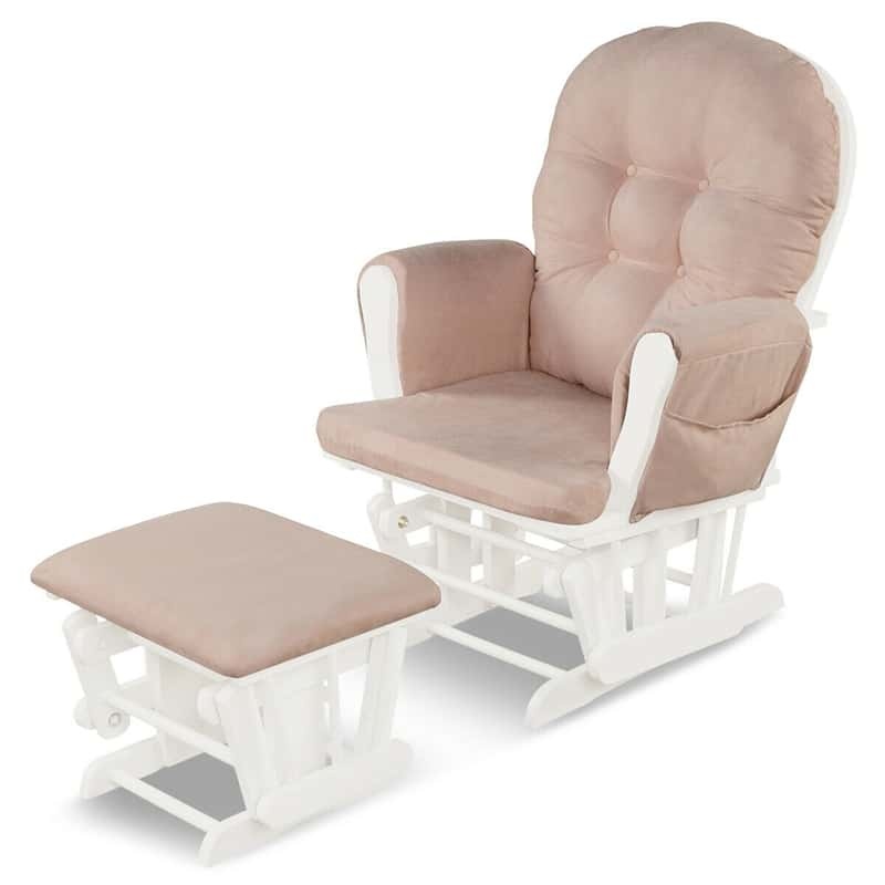 Wood Nursery Glider Chair & Ottoman Set, Upholstered Glider Rocker with Padded Cushion, Storage Pocket, Modern Rocking Chair for Nursery