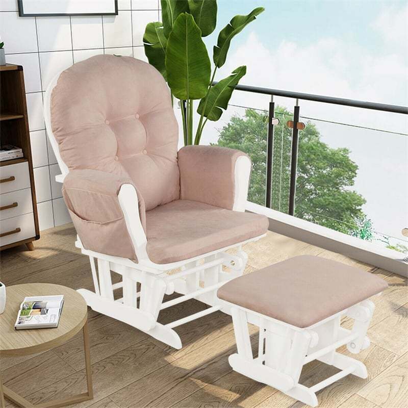 Wood Nursery Glider Chair & Ottoman Set, Upholstered Glider Rocker with Padded Cushion, Storage Pocket, Modern Rocking Chair for Nursery
