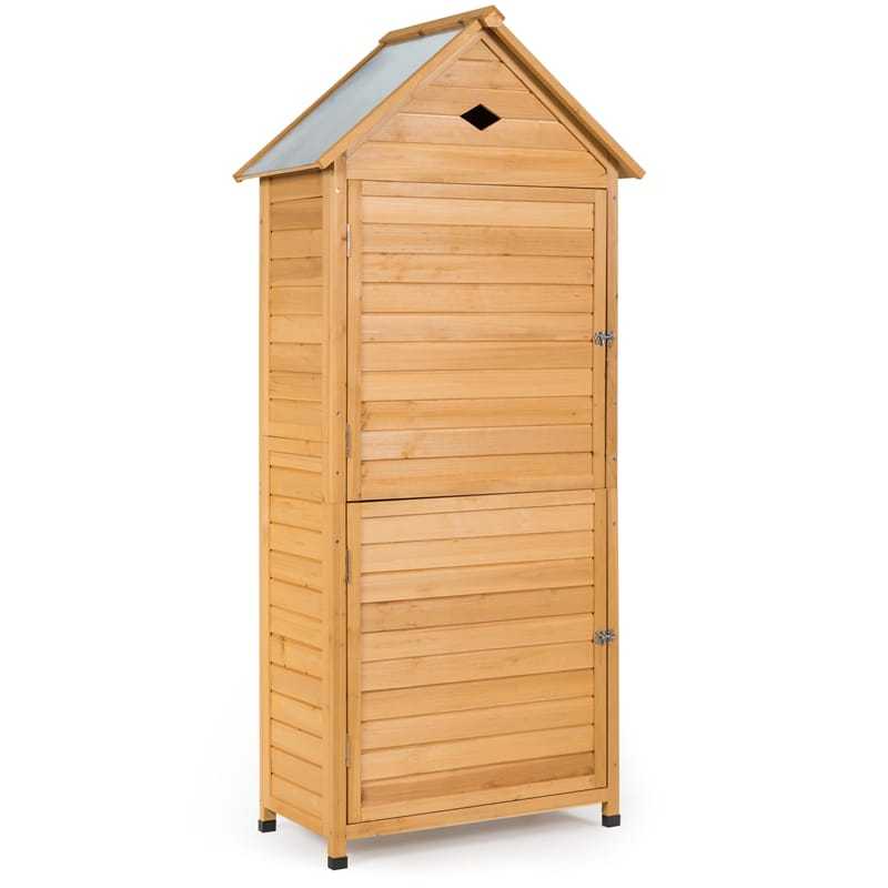 63" Wood Outdoor Storage Shed, Lockable Garden Tool Storage Cabinet with 5 Shelves & Galvanized Sheet Roof, Tool Shed for Patio Yard Lawn