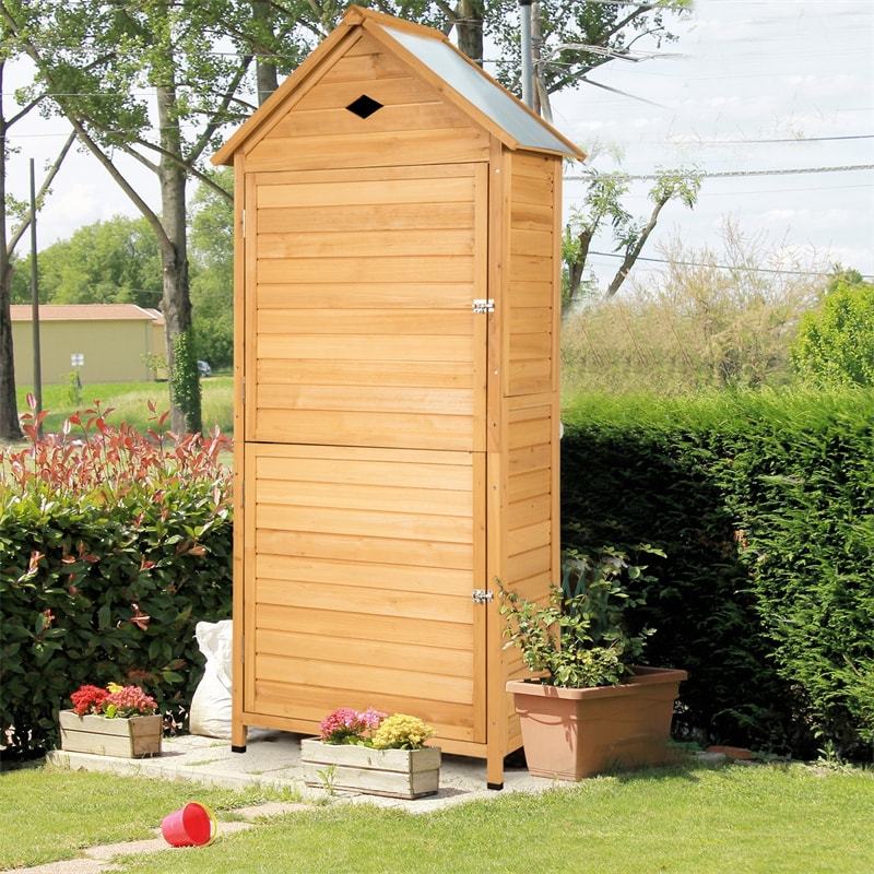 63" Wood Outdoor Storage Shed, Lockable Garden Tool Storage Cabinet with 5 Shelves & Galvanized Sheet Roof, Tool Shed for Patio Yard Lawn