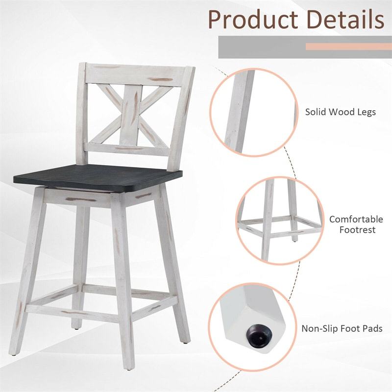 24" Rubber Wood Bar Stools Set of 2, 360° Swivel Counter Height Bar Chairs with Back & Non-Slip Foot Pads for Kitchen Island, Dining Room, Restaurant