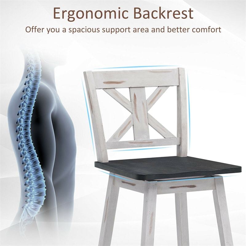 24" Rubber Wood Bar Stools Set of 2, 360° Swivel Counter Height Bar Chairs with Back & Non-Slip Foot Pads for Kitchen Island, Dining Room, Restaurant