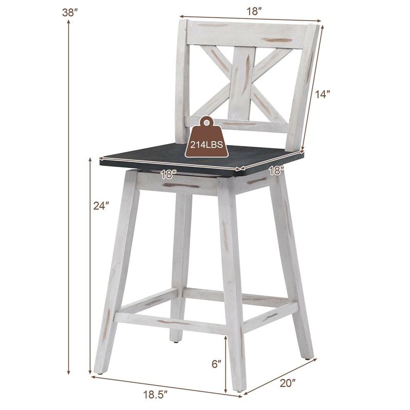 24" Rubber Wood Bar Stools Set of 2, 360° Swivel Counter Height Bar Chairs with Back & Non-Slip Foot Pads for Kitchen Island, Dining Room, Restaurant