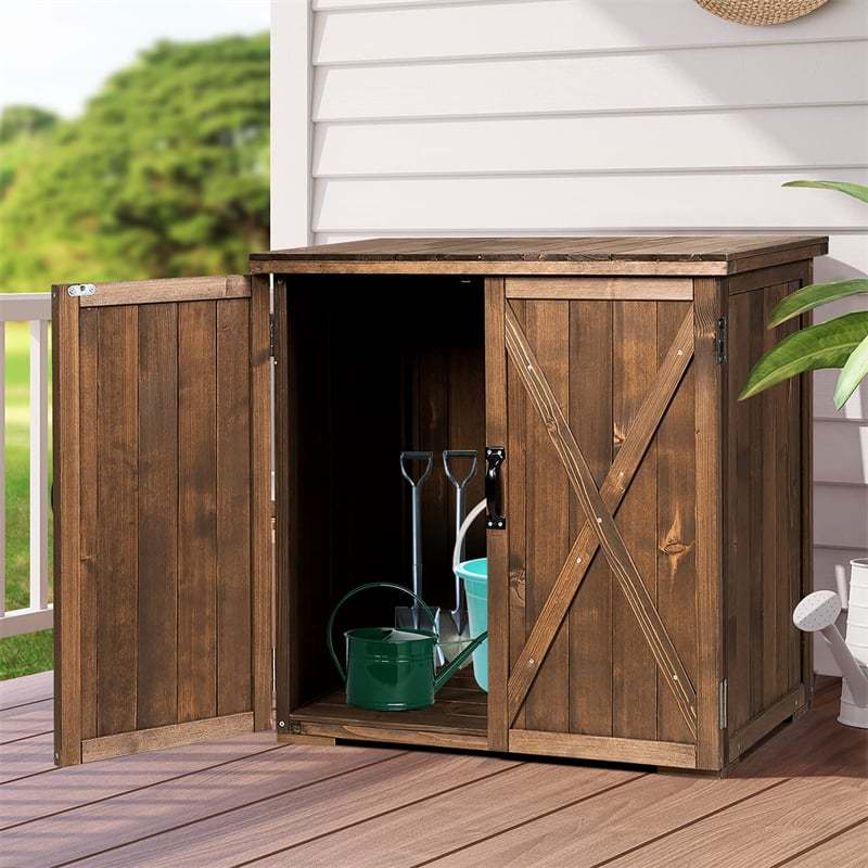 Wood Outdoor Storage Shed 2.5 x 2 FT Compact Fir Wood Tool Shed Patio Storage Box Garden Organizer with Double Doors & Handles