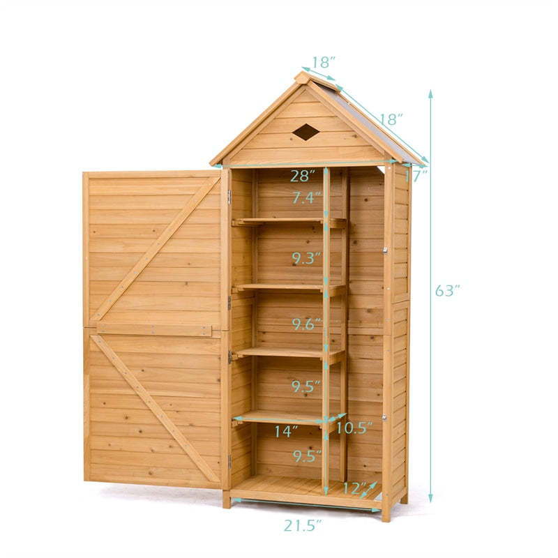63" Wood Outdoor Storage Shed, Lockable Garden Tool Storage Cabinet with 5 Shelves & Galvanized Sheet Roof, Tool Shed for Patio Yard Lawn