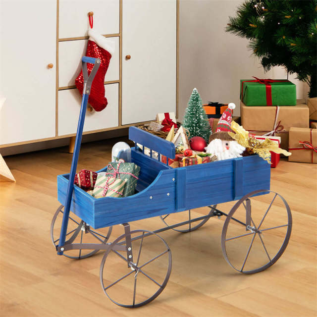 Wooden Wagon Planter with Wheels, Adjustable Handle, 2 Planting Sections, Decorative Garden Cart Planter for Indoor Outdoor, Patio, Backyard