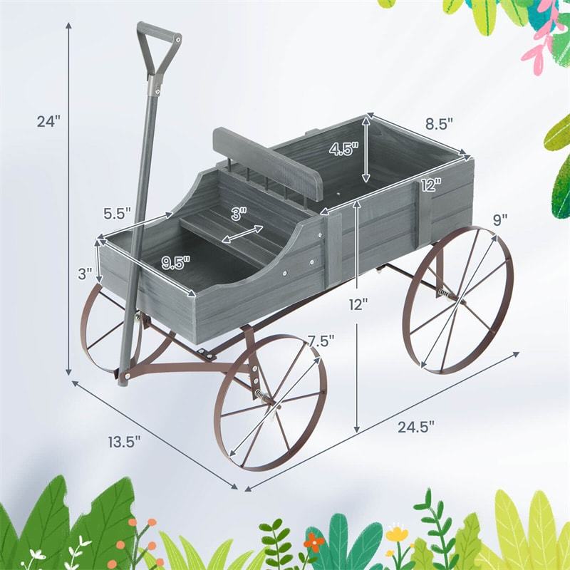 Wooden Wagon Planter with Wheels, Adjustable Handle, 2 Planting Sections, Decorative Garden Cart Planter for Indoor Outdoor, Patio, Backyard