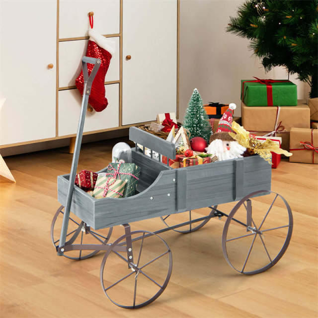 Wooden Wagon Planter with Wheels, Adjustable Handle, 2 Planting Sections, Decorative Garden Cart Planter for Indoor Outdoor, Patio, Backyard