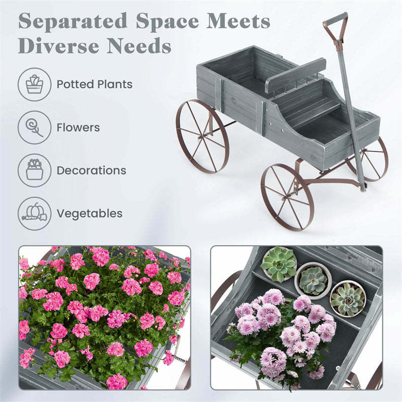 Wooden Wagon Planter with Wheels, Adjustable Handle, 2 Planting Sections, Decorative Garden Cart Planter for Indoor Outdoor, Patio, Backyard