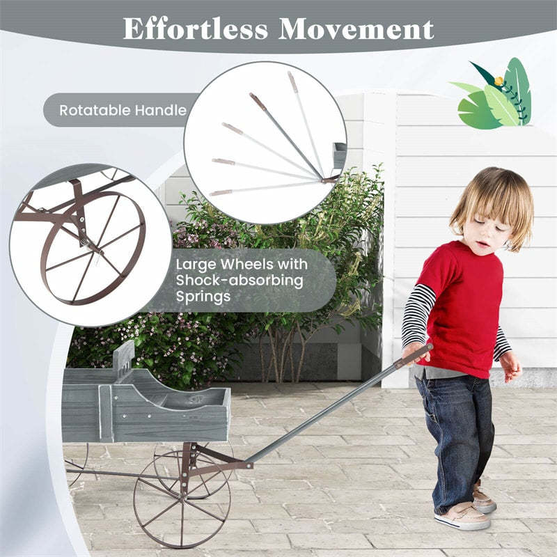 Wooden Wagon Planter with Wheels, Adjustable Handle, 2 Planting Sections, Decorative Garden Cart Planter for Indoor Outdoor, Patio, Backyard