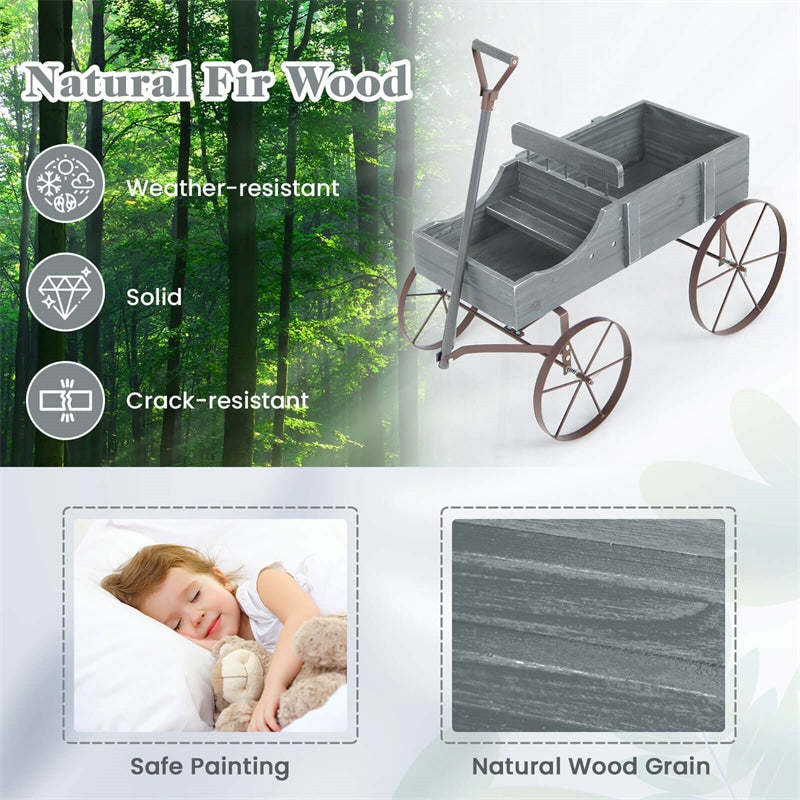 Wooden Wagon Planter with Wheels, Adjustable Handle, 2 Planting Sections, Decorative Garden Cart Planter for Indoor Outdoor, Patio, Backyard