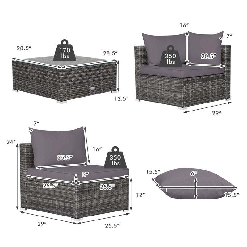 7PCS PE Rattan Modular Outdoor Sectional Set with Tempered Glass Top Table & Cushions, Patio Sofa Furniture for Backyard, Poolside Garden