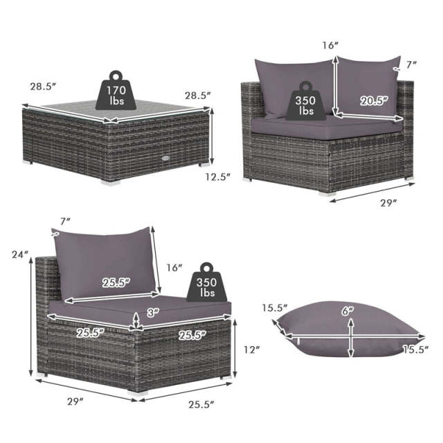 7PCS PE Rattan Modular Outdoor Sectional Set with Tempered Glass Top Table & Cushions, Patio Sofa Furniture for Backyard, Poolside Garden